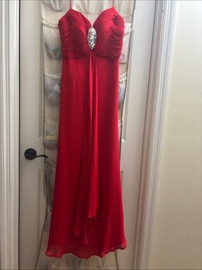 Red Spaghetti-Strap Prom Dress with Ruched Bodice and Jewel Accent